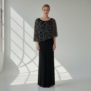 Vintage MSK Black Maxi Dress w/ Attached Beaded Cape Formal Size M